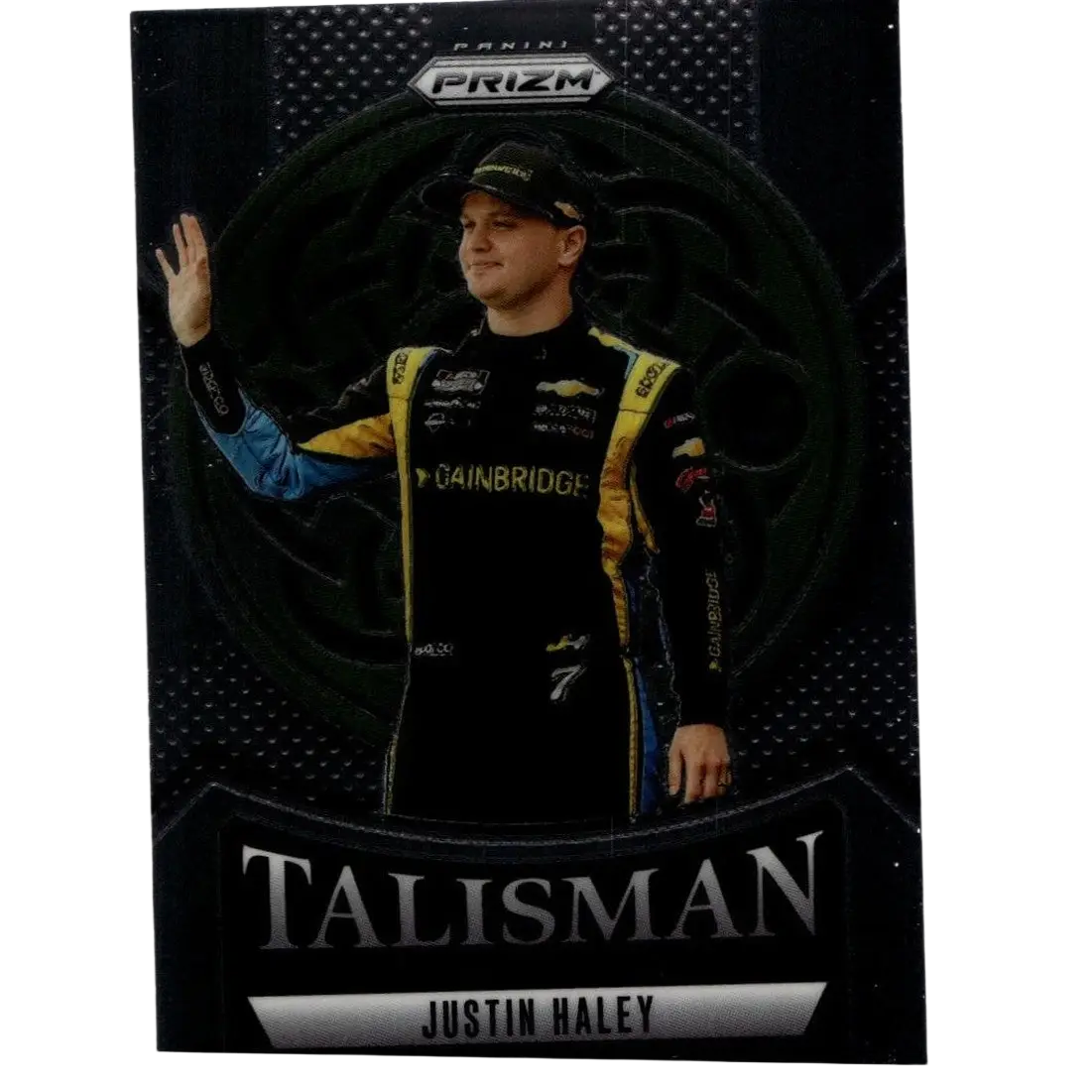 Black and yellow racing suit worn by justin haley with gainbridge logo in 2025 panini prizm #6 justin haley talisman