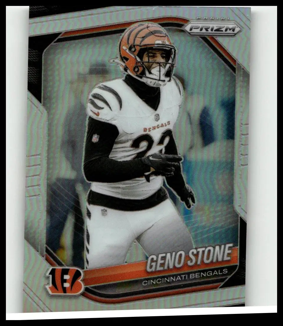 This panini prizm geno stone silver trading card shows him in a white and black cincinnati bengals uniform with orange helmet details