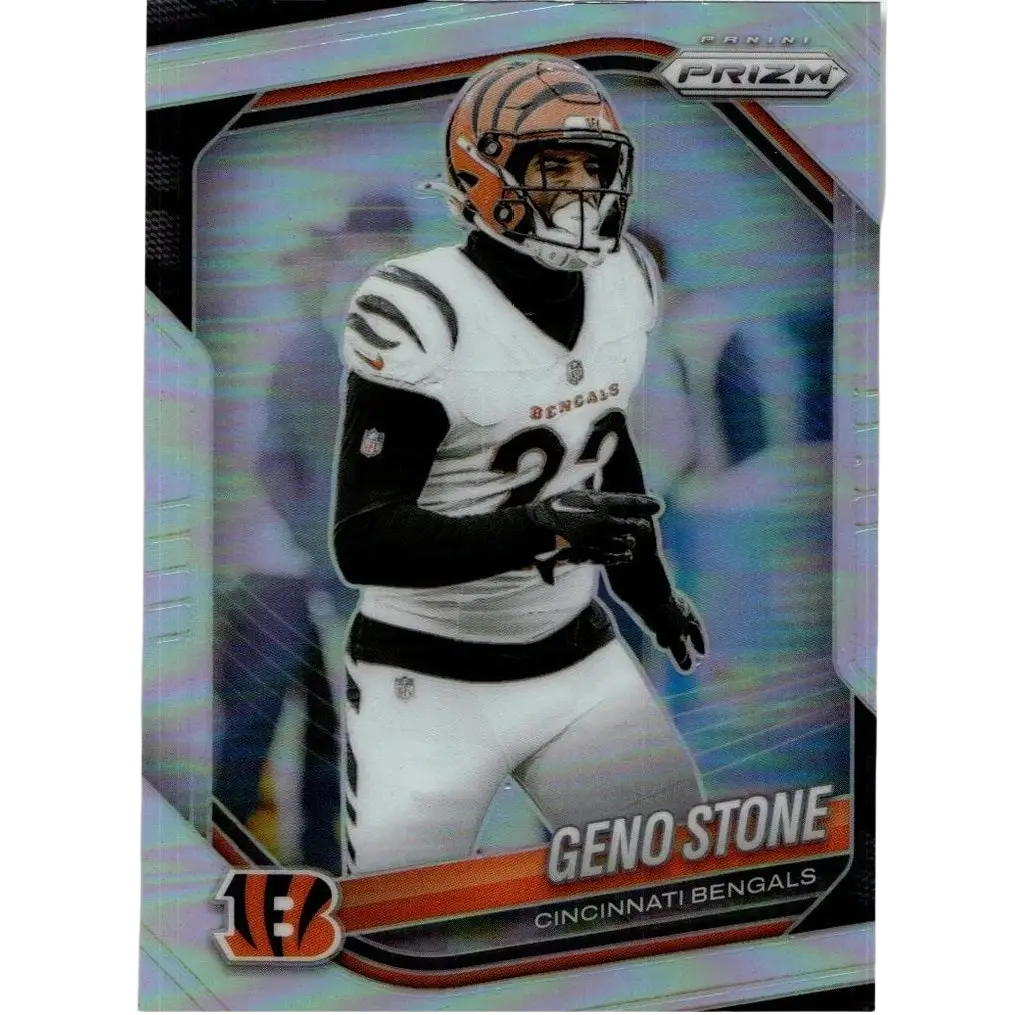 2025 panini prizm #61 geno stone silver trading card featuring geno stone in white jersey with black stripes and orange helmet