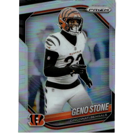 2025 panini prizm #61 geno stone silver trading card featuring geno stone in white jersey with black stripes and orange helmet