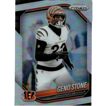 2025 panini prizm #61 geno stone silver trading card featuring geno stone in white jersey with orange helmet