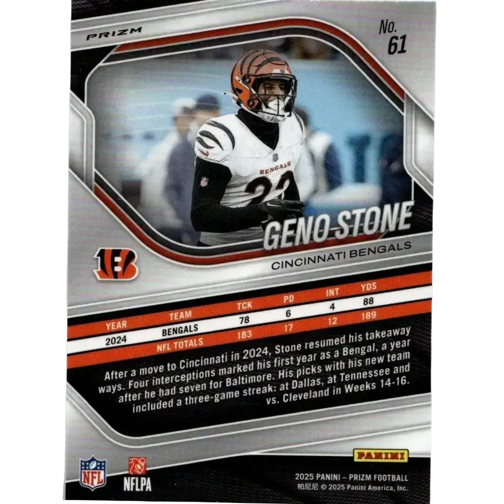Silver and black panini prizm football trading card featuring geno stone in white jersey and orange helmet 2025 geno stone silver