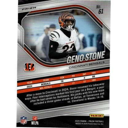 Silver and black panini prizm football trading card featuring geno stone in white jersey and orange helmet 2025 geno stone silver