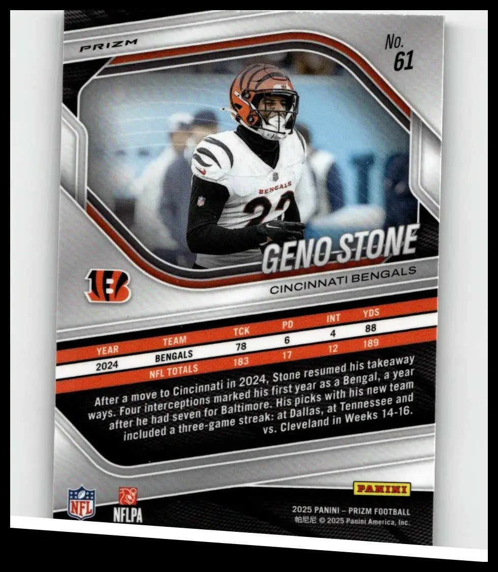 Silver and orange prizm football trading card of geno stone in white jersey from 2025 panini prizm #61 geno stone silver