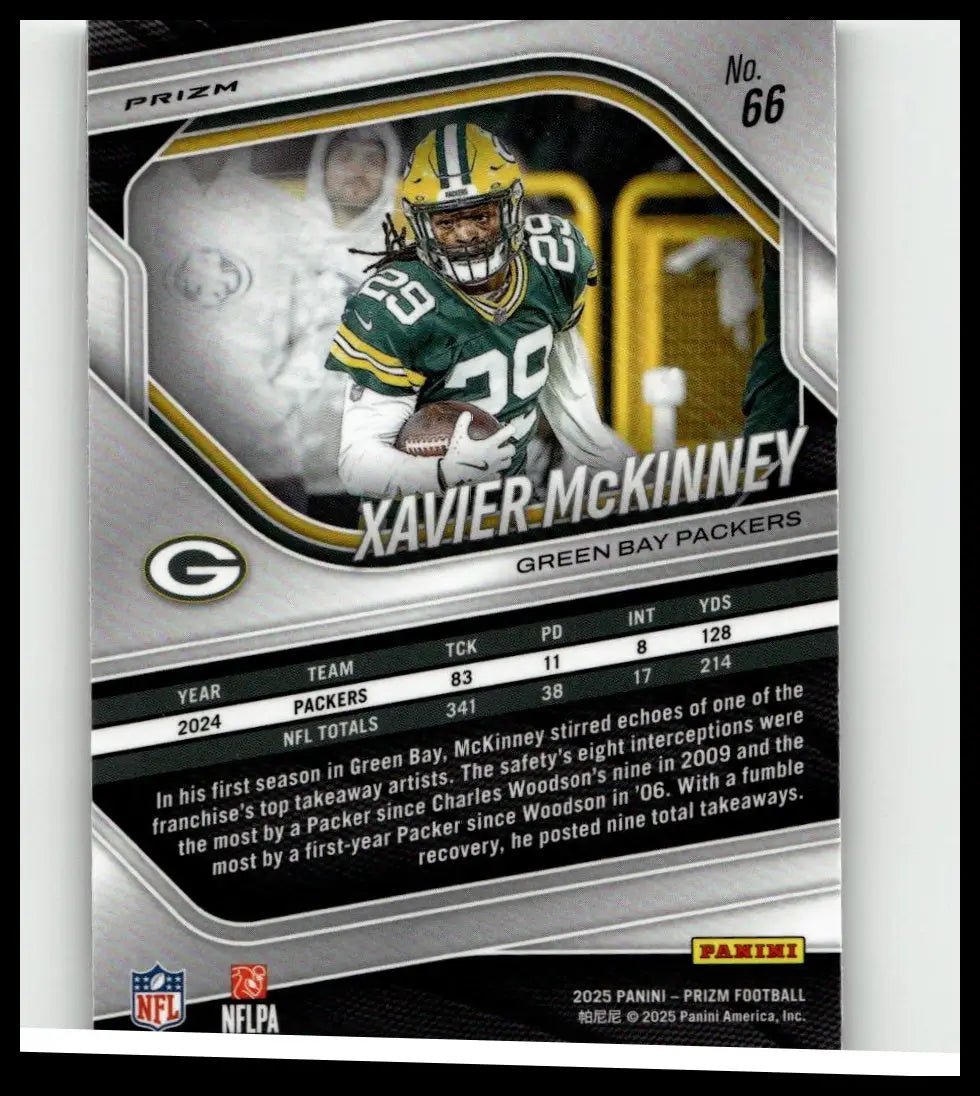 Green and yellow panini prizm 2025 silver football trading card featuring xavier mckinney in jersey 29