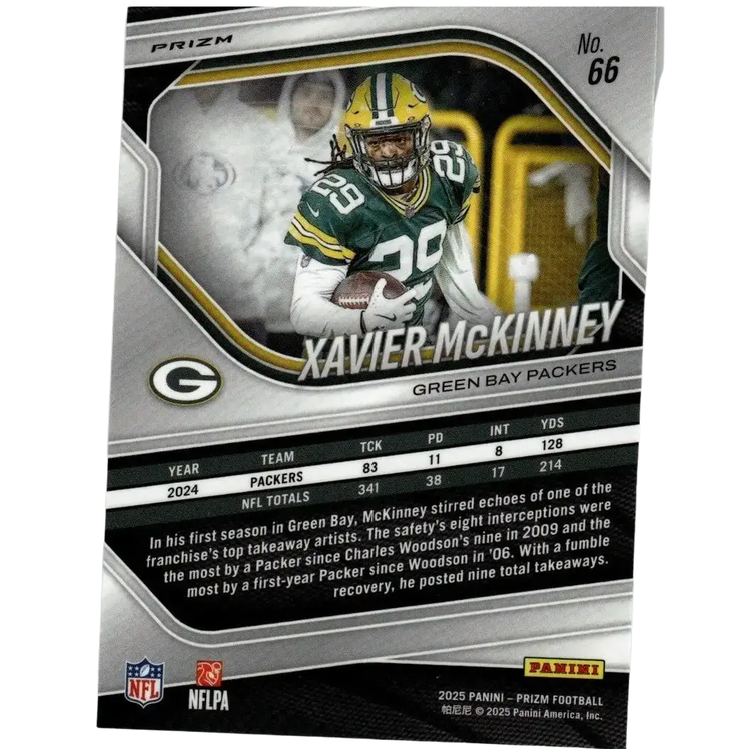 Green and yellow 2025 panini prizm #66 xavier mckinney silver football trading card featuring player in uniform