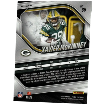 Green and yellow 2025 panini prizm #66 xavier mckinney silver football trading card featuring player in uniform