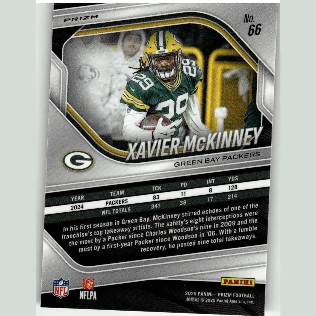Green and yellow 2025 panini prizm #66 xavier mckinney silver football trading card in packers uniform