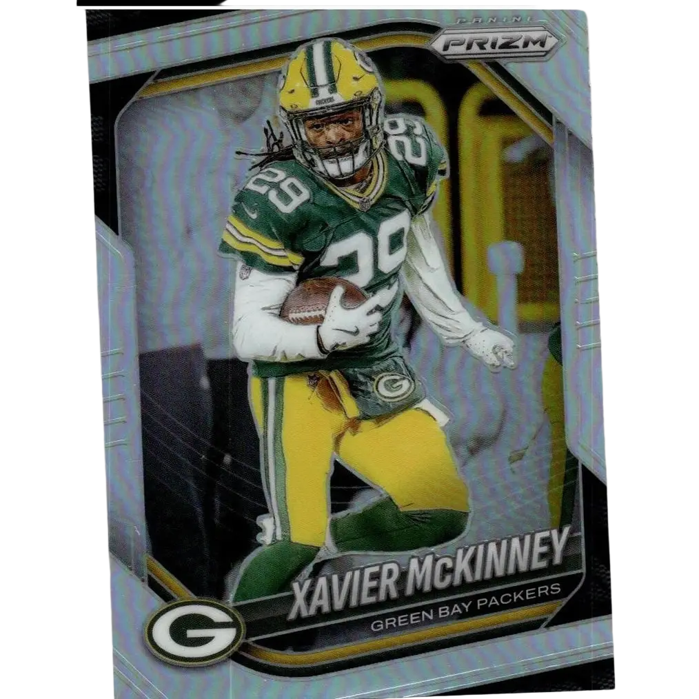 Green and yellow 2025 panini prizm #66 xavier mckinney silver football card featuring the player in uniform