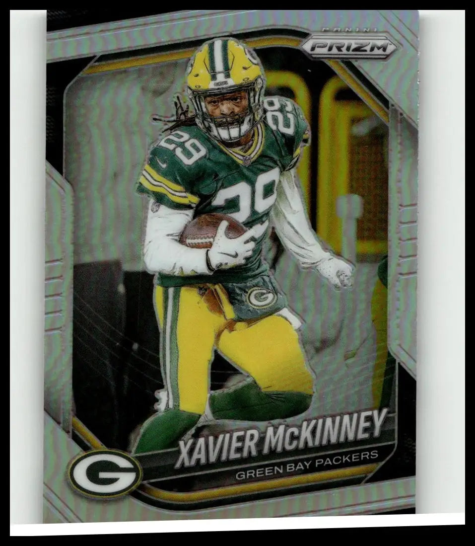 Green and yellow green bay packers football card featuring xavier mckinney silver from 2025 panini prizm #66