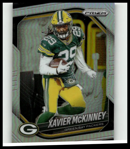 Green and yellow green bay packers football card featuring xavier mckinney silver from 2025 panini prizm #66