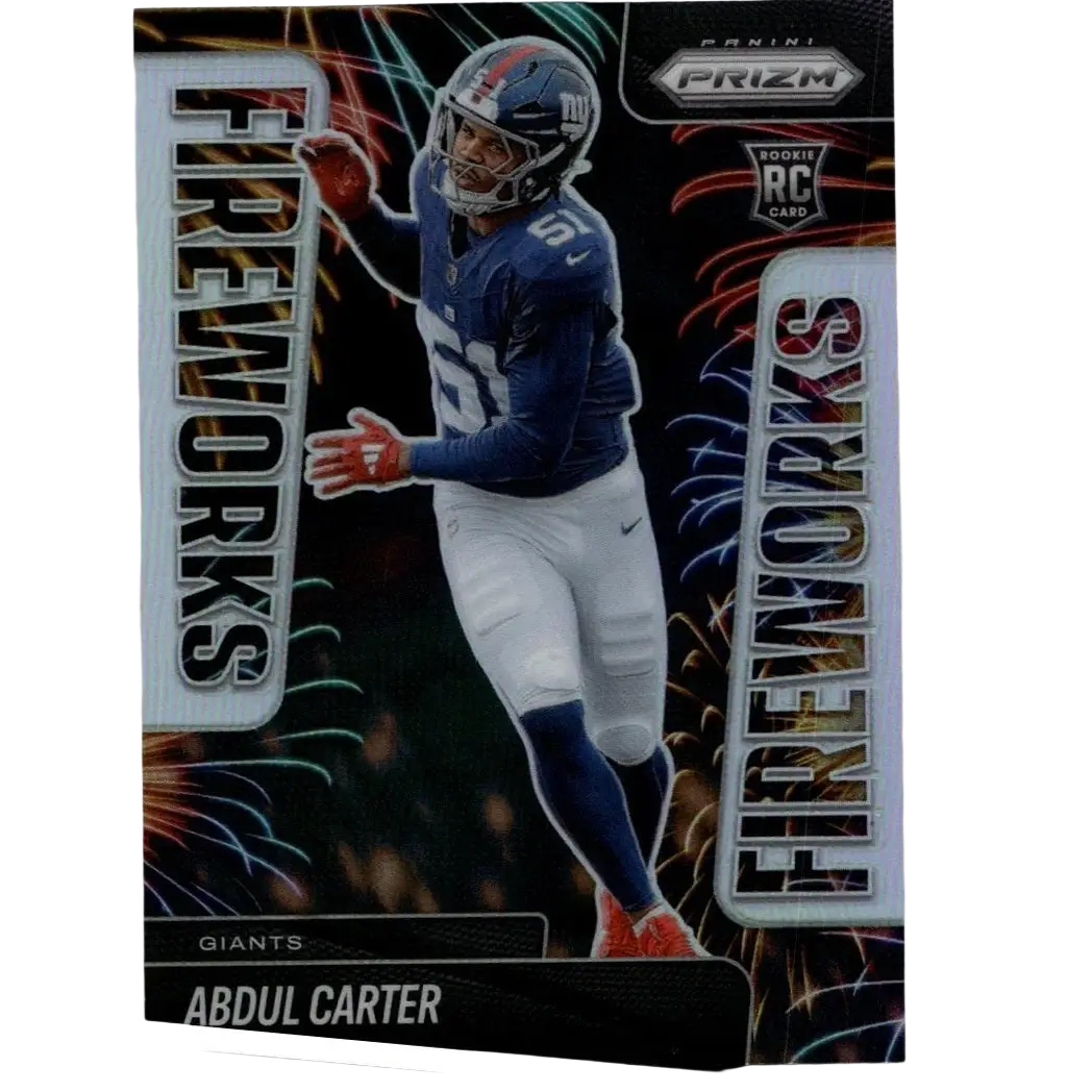 A blue and white 2025 panini prizm #7 abdul carter fireworks football trading card with red gloves and fireworks background