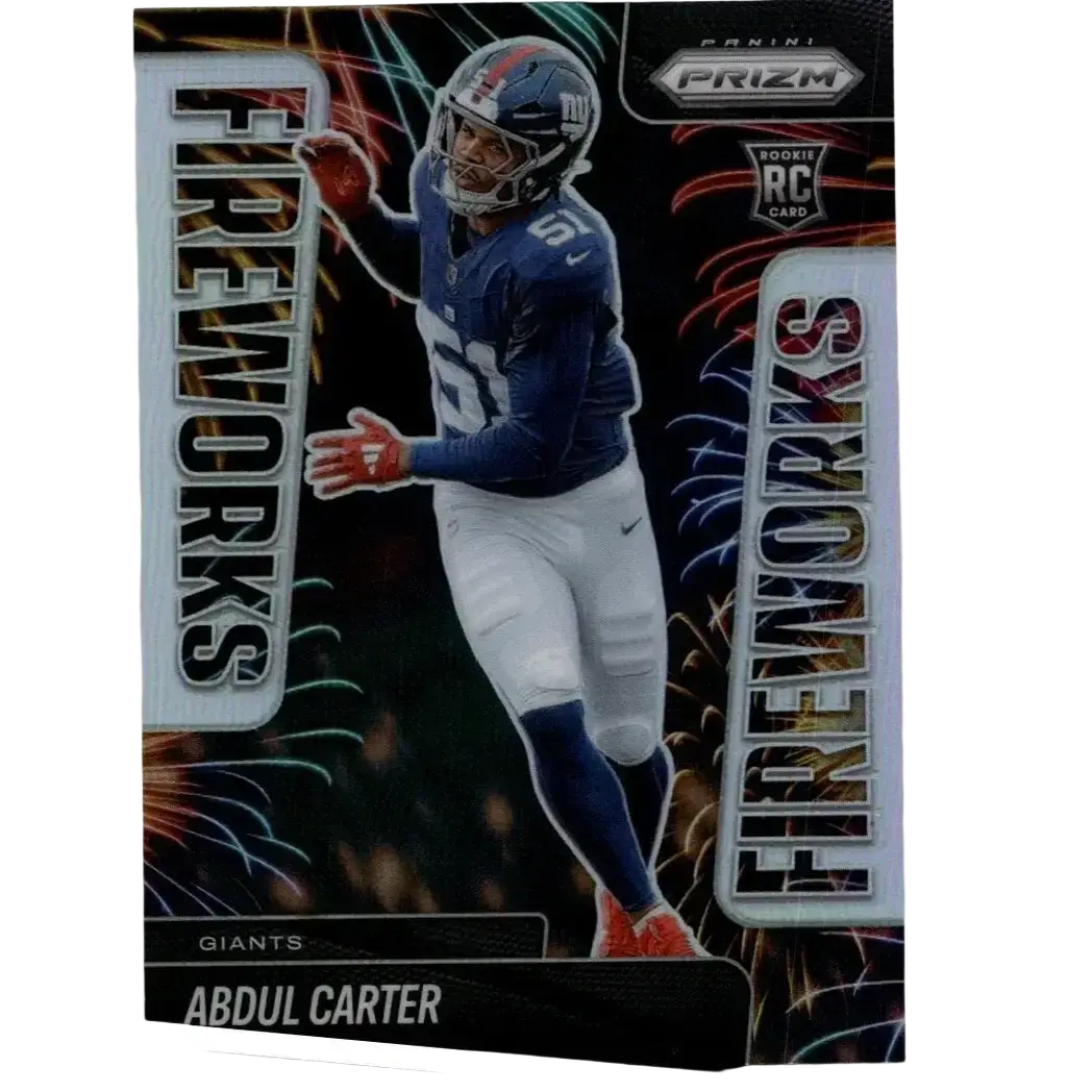 A blue and white 2025 panini prizm #7 abdul carter fireworks football card featuring carter in a new york giants uniform