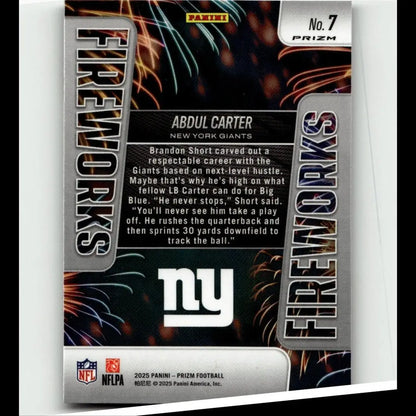Silver and black fireworks themed 2025 Panini Prizm #7 Abdul Carter nfl trading card with prizm finish