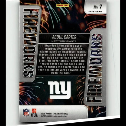 Silver and black panini prizm football trading card featuring abdul carter fireworks from 2025 collection