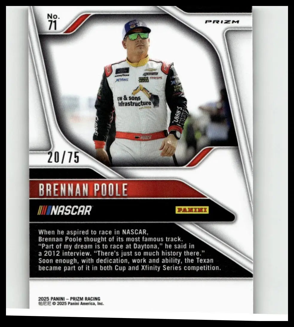 2025 panini prizm #71 brennan poole checkered flag racing jersey with black white and red colors and cw & sons sponsor logos