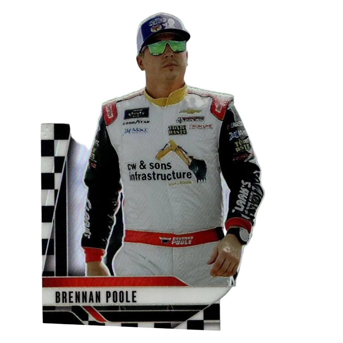 2025 panini prizm #71 brennan poole checkered trading card featuring poole in white and black suit with green sunglasses