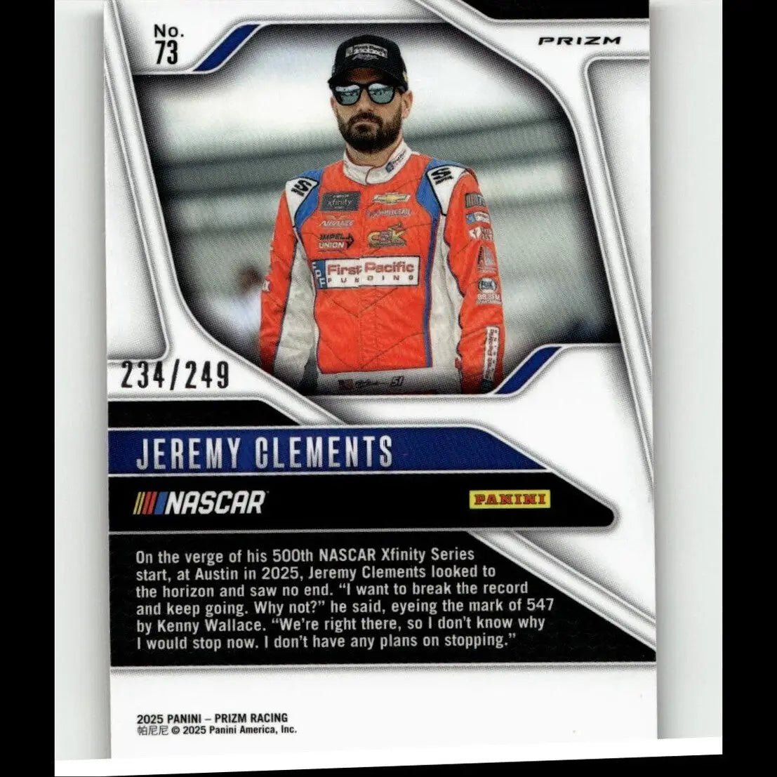 Orange and white racing suit with sponsor logos worn by nascar driver jeremy clements in 2025 panini prizm red card