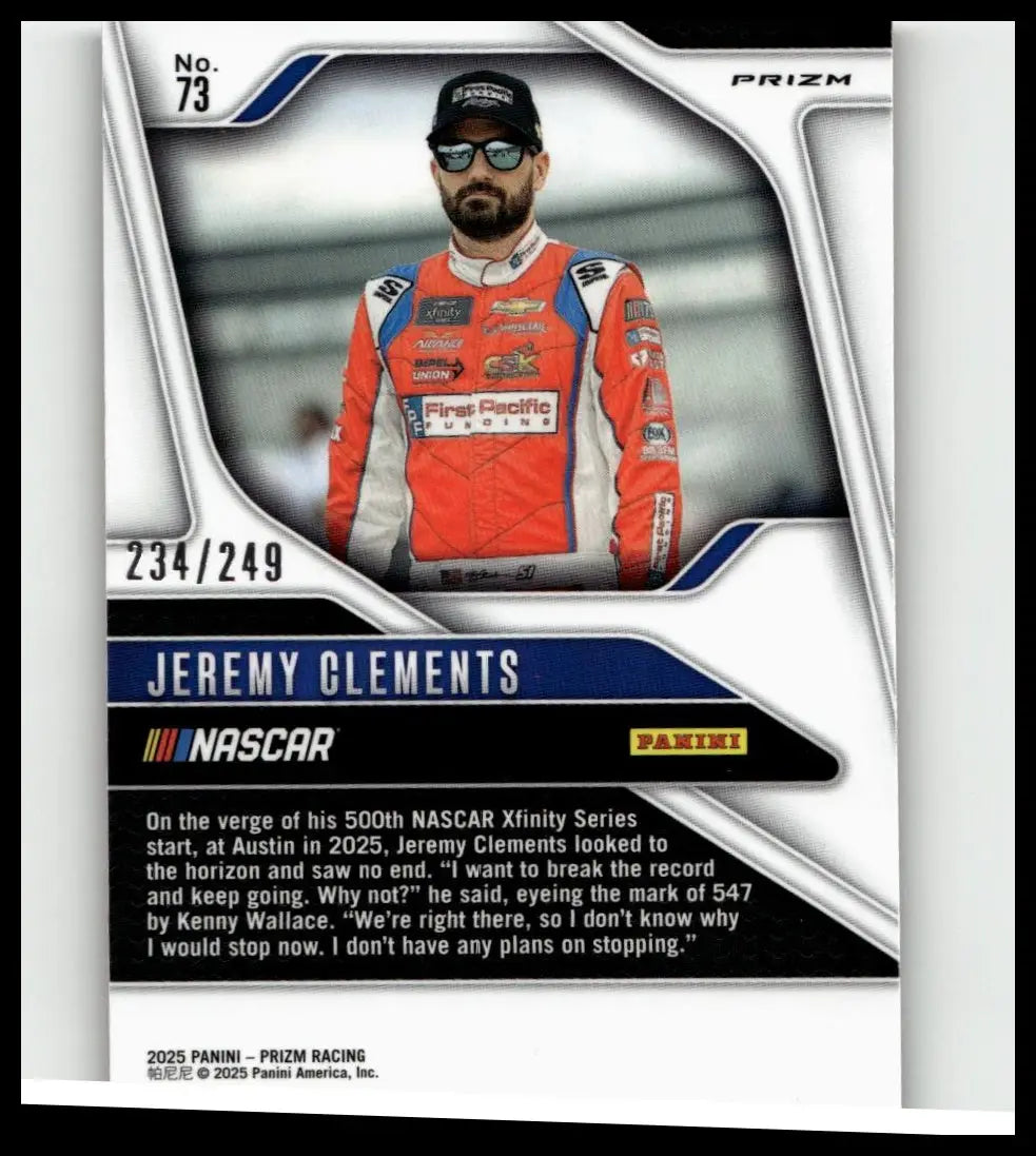 2025 panini prizm #73 jeremy clements red trading card with silver and blue prizm and racing suit details