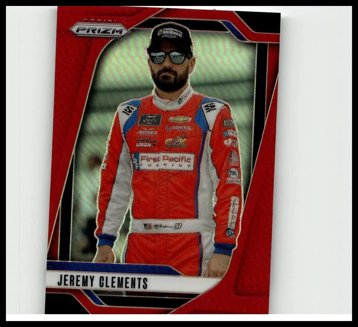 Red and white racing suit with blue accents and first pacific funding logo featured on 2025 panini prizm jeremy clements red card