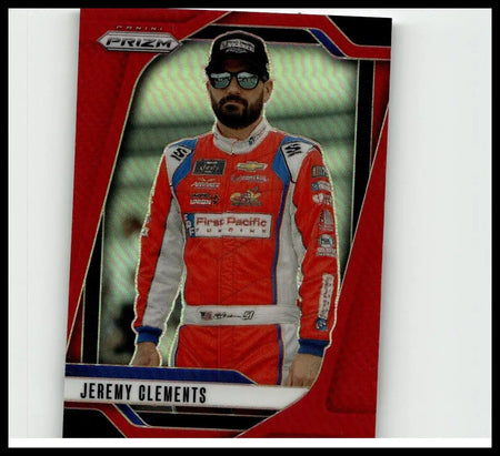 Red and white racing suit with blue accents and first pacific funding logo featured on 2025 panini prizm jeremy clements red card