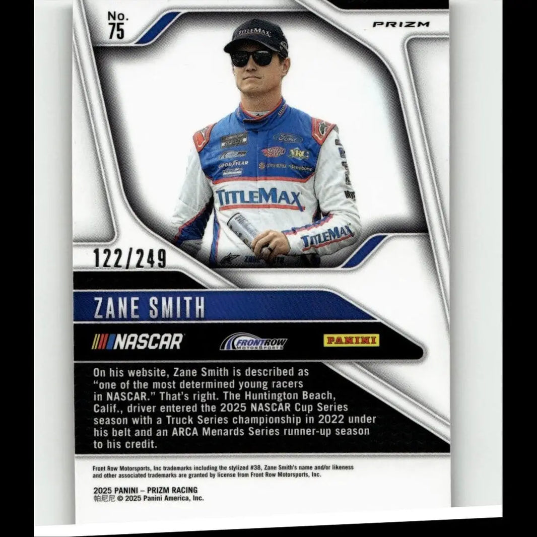 Blue and white racing suit with red accents worn by zane smith featured in 2025 panini prizm zane smith red card