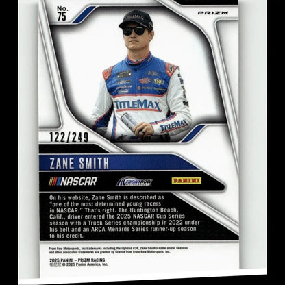 Blue and white racing suit with red accents worn by zane smith featured in 2025 panini prizm zane smith red card