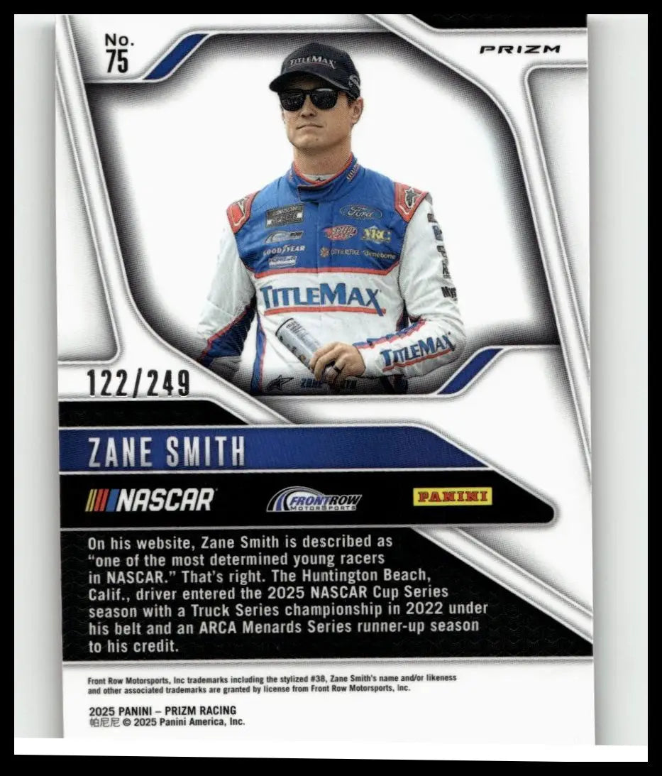 2025 panini prizm #75 zane smith red racing suit card featuring blue and white suit with red accents and sponsor logos