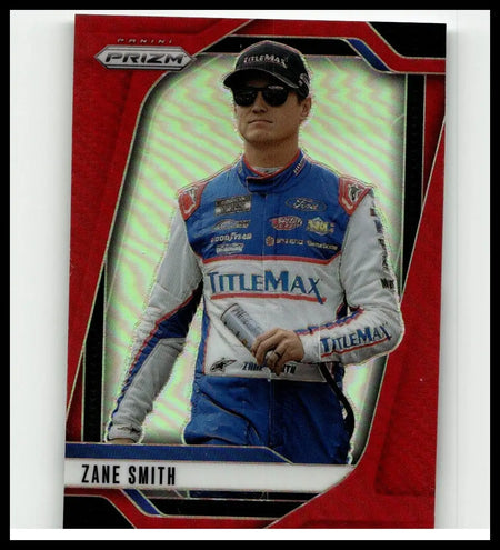 Red and silver Panini Prizm trading card 2025 #75 featuring NASCAR driver Zane Smith in TitleMax racing suit