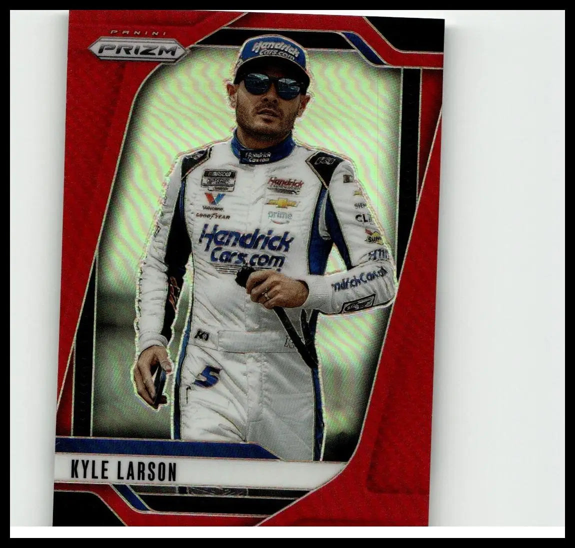 Red and black panini prizm trading card featuring nascar driver kyle larson in white suit numbered red 2025 #79