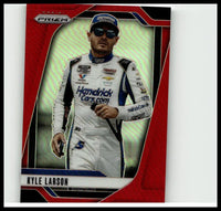 Red and black panini prizm trading card featuring nascar driver kyle larson in white suit numbered red 2025 #79