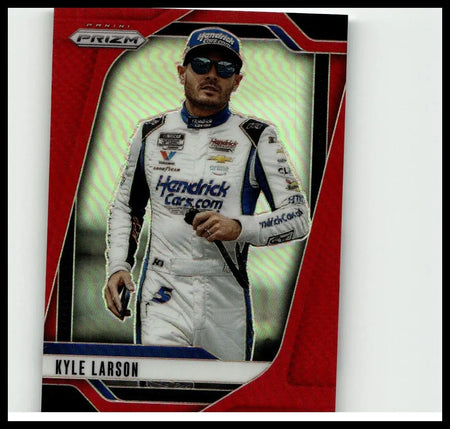 Red and black panini prizm trading card featuring nascar driver kyle larson in white suit numbered red 2025 #79
