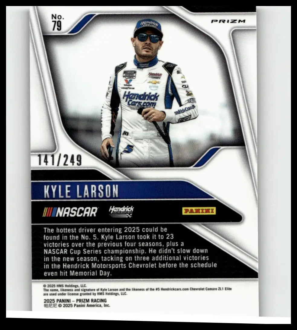 2025 panini prizm #79 kyle larson red collectible trading card featuring kyle larson in white and blue racing suit