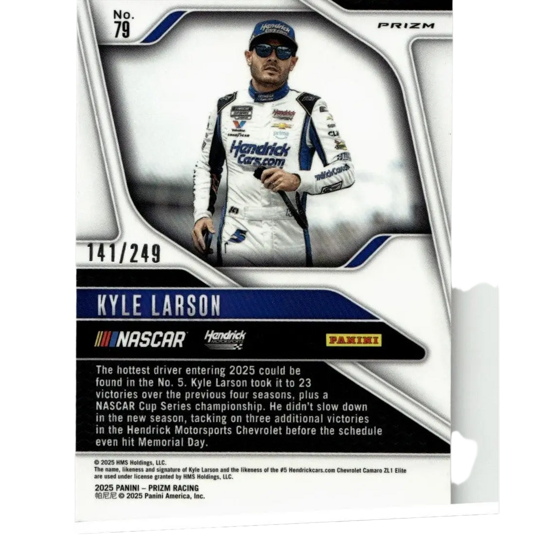 2025 panini prizm #79 kyle larson red collectible card featuring kyle larson in white and blue racing suit with logos