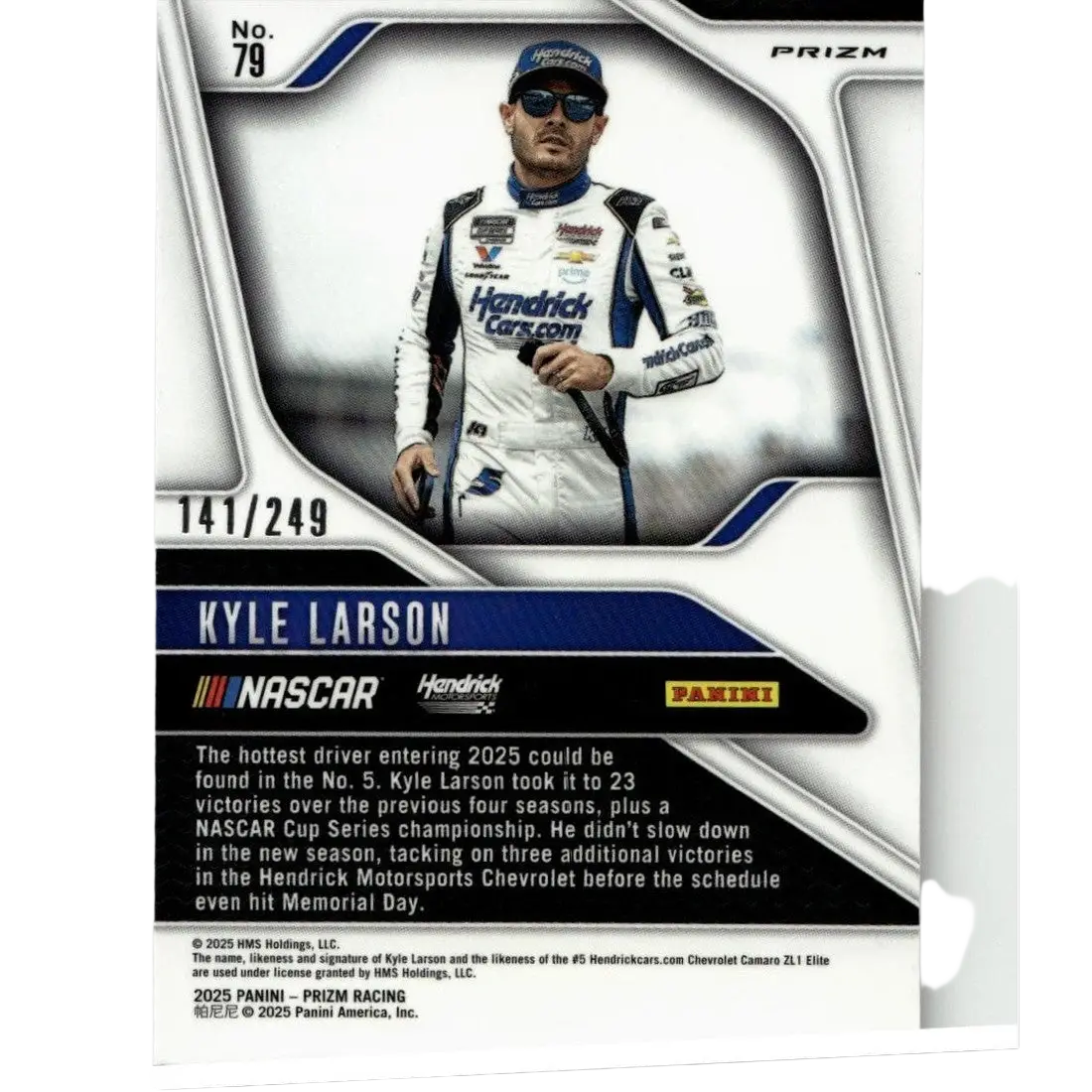 2025 panini prizm #79 kyle larson red collectible card featuring kyle larson in white and blue racing suit with logos