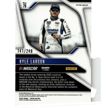 2025 panini prizm #79 kyle larson red collectible card featuring kyle larson in white and blue racing suit with logos