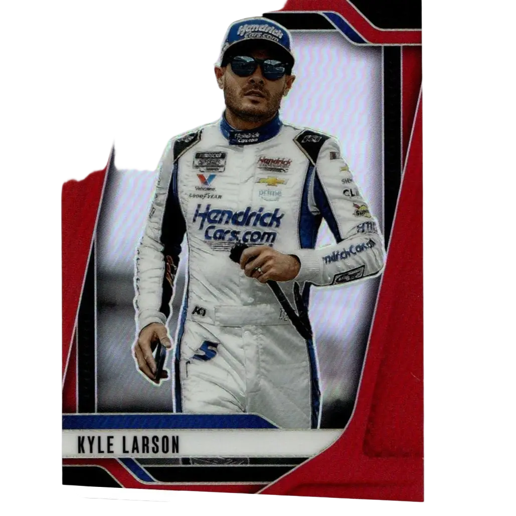 White and blue racing suit with sponsor logos worn by kyle larson featured in 2025 panini prizm kyle larson red card