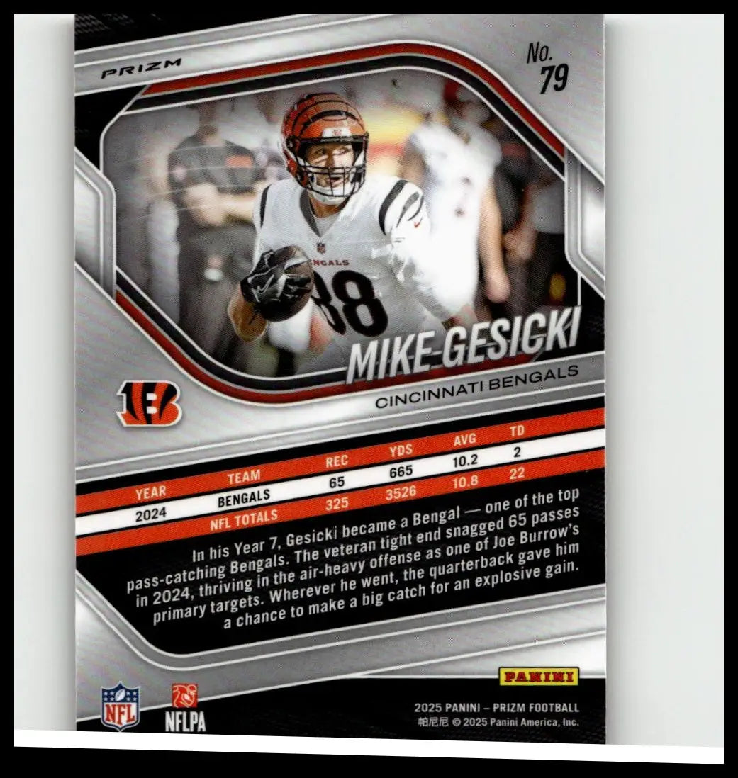 Silver and red prizm football trading card featuring mike gesicki in his cincinnati bengals uniform 2025 panini prizm 79 mike gesicki orange ice