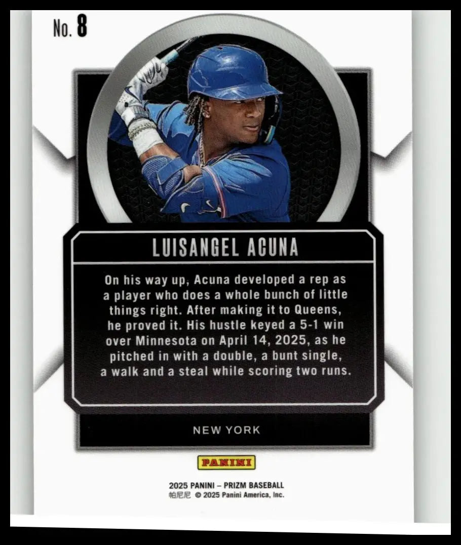 2025 panini prizm baseball card featuring luisangel acuna talisman in blue uniform mid-swing
