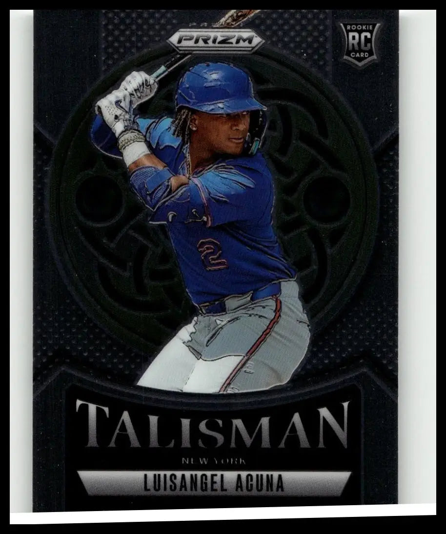 Blue and white 2025 panini prizm #8 baseball card featuring luisangel acuna talisman in a batting stance
