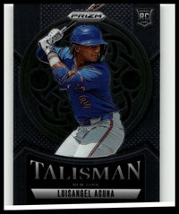 Blue and white 2025 panini prizm #8 baseball card featuring luisangel acuna talisman in a batting stance