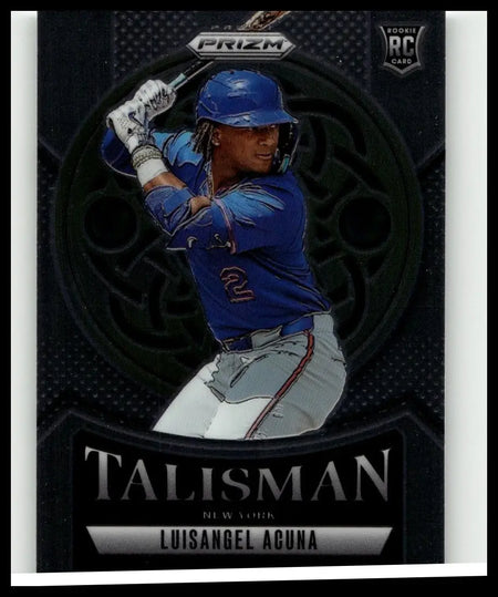 Blue and white 2025 panini prizm #8 baseball card featuring luisangel acuna talisman in a batting stance