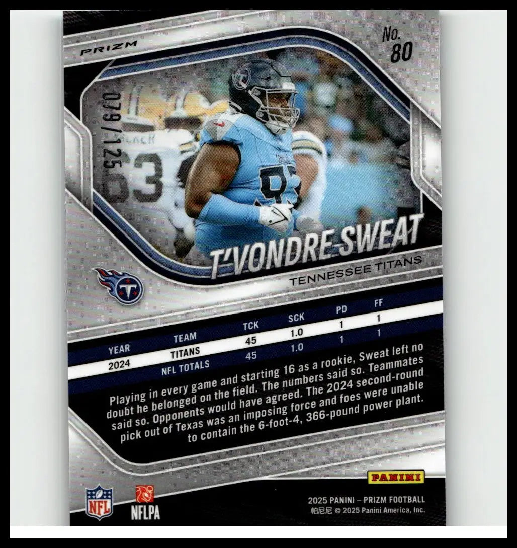 Silver and black panini prizm football card featuring t’vondre sweat in tennessee titans no huddle blue jersey