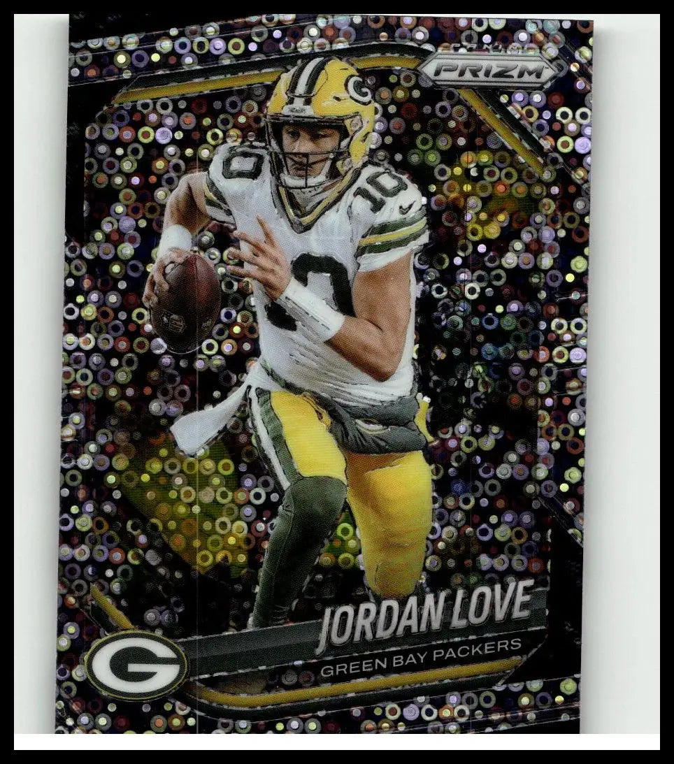 This panini prizm trading card features jordan love in green bay packers uniform with black and gold prismatic background