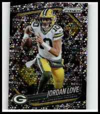 This panini prizm trading card features jordan love in green bay packers uniform with black and gold prismatic background