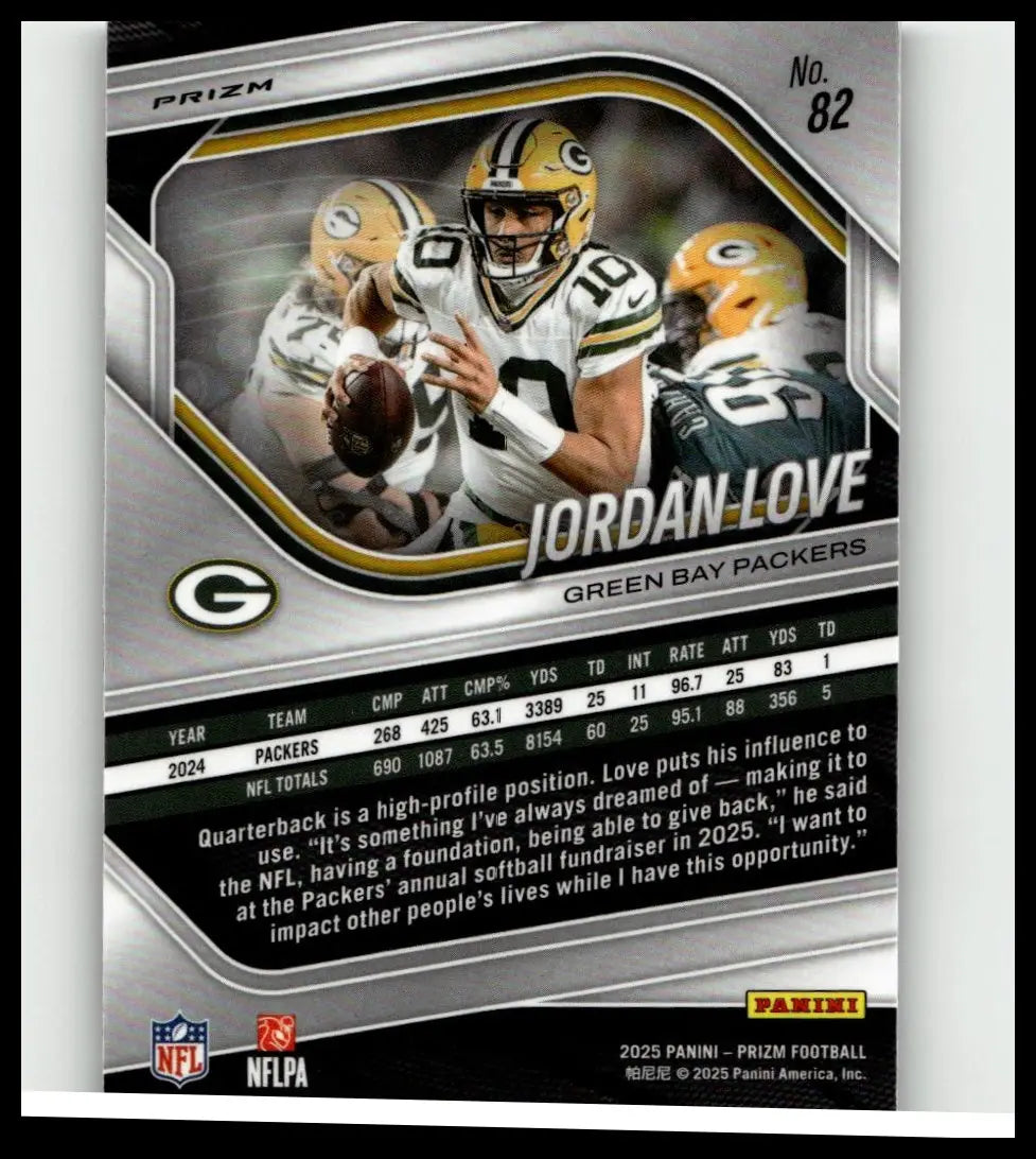 Silver and black 2025 panini prizm #82 jordan love no huddle football trading card featuring green bay packers uniform