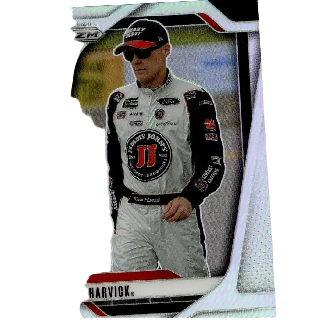 Silver and black 2025 panini prizm #85 kevin harvick silver trading card featuring nascar driver in racing suit