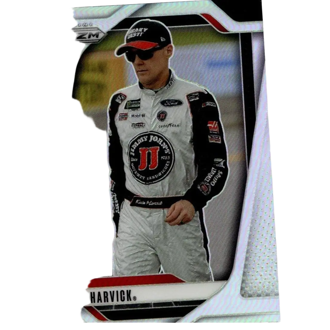 Silver and black 2025 panini prizm #85 kevin harvick silver trading card featuring nascar driver in racing suit