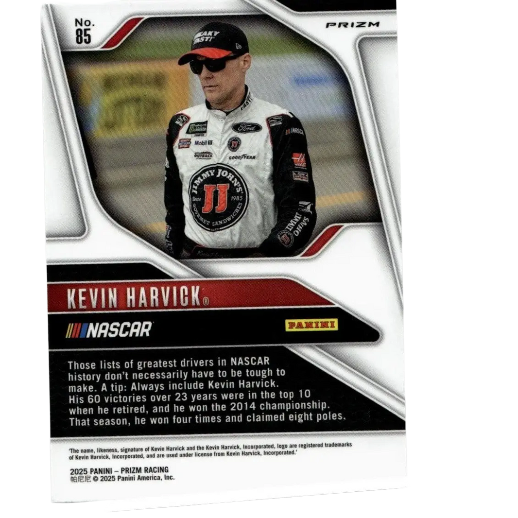 2025 panini prizm nascar trading card featuring kevin harvick silver in white and black racing suit with sponsor logos