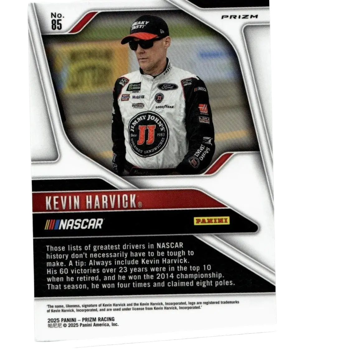 2025 panini prizm nascar trading card featuring kevin harvick silver in white and black racing suit with sponsor logos